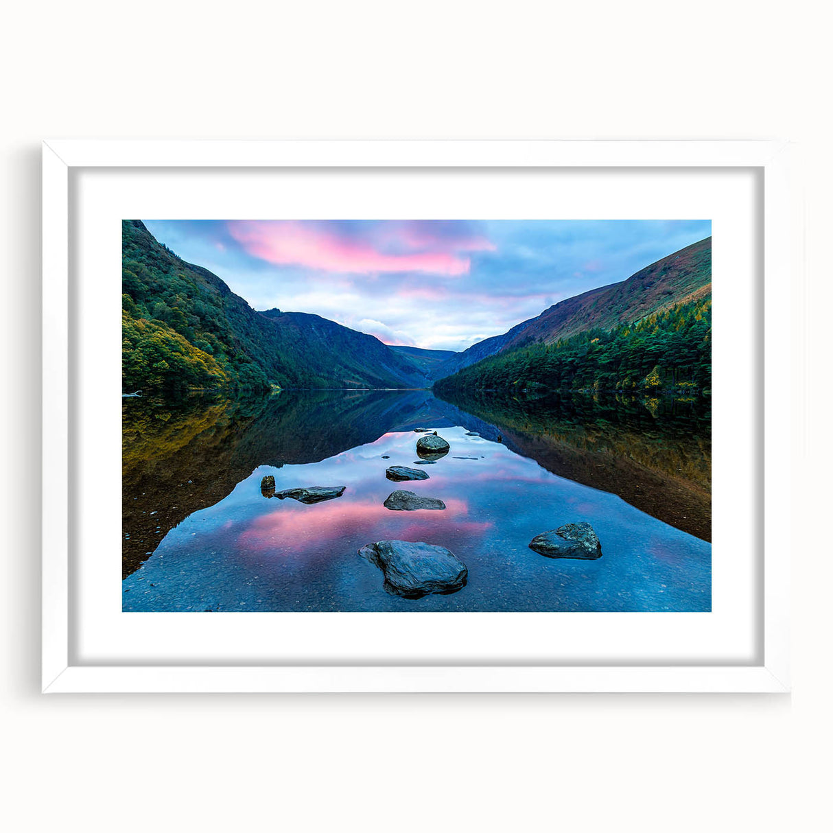 Textured abstract art print depicting a serene Irish landscape in muted green and blue tones, framed with a white mat.