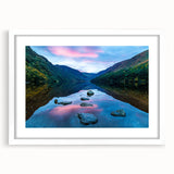 Textured abstract art print depicting a serene Irish landscape in muted green and blue tones, framed with a white mat.