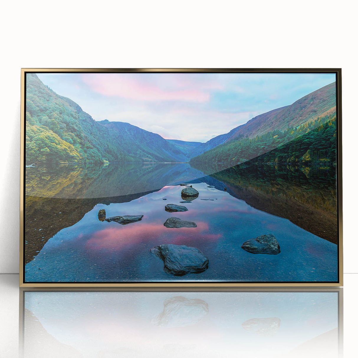 Acrylic print of a European Irish landscape in muted green and gold tones, styled in art deco.