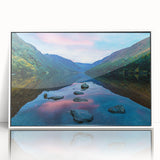 Mid-century modernist art depicting a serene Irish landscape in muted green and blue tones, framed acrylic.
