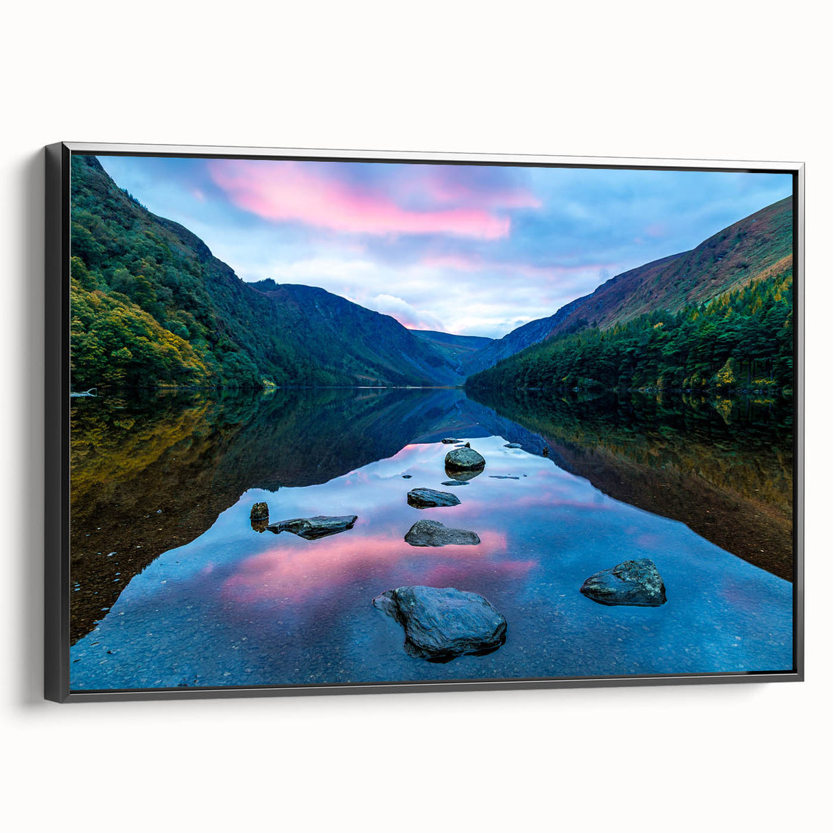 Black and white landscape art painting of a scenic Irish countryside on framed canvas, ideal for bedroom wall decor.