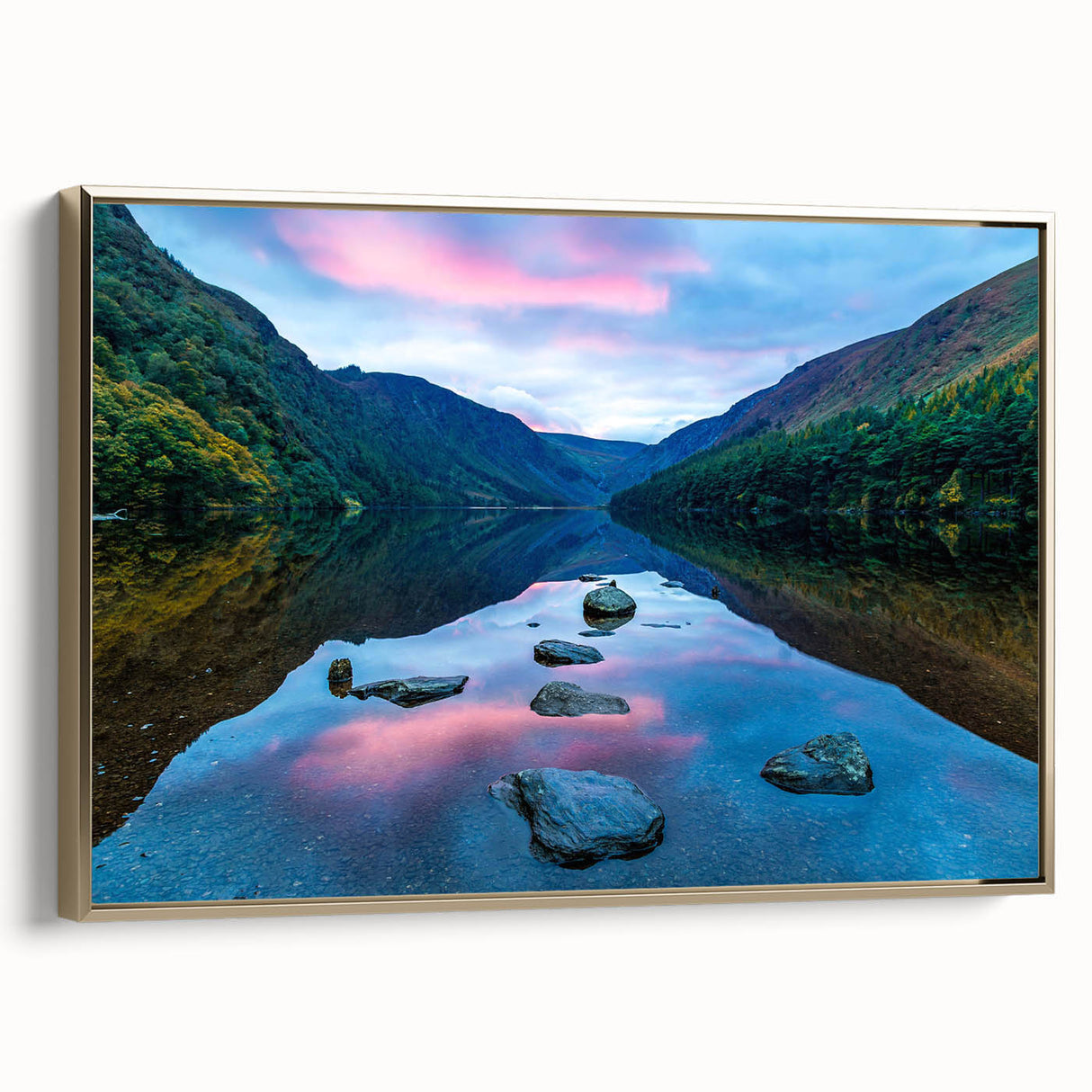 Framed canvas of a vintage-style Irish landscape painting, featuring muted greens and grays, ideal for bedroom wall art.