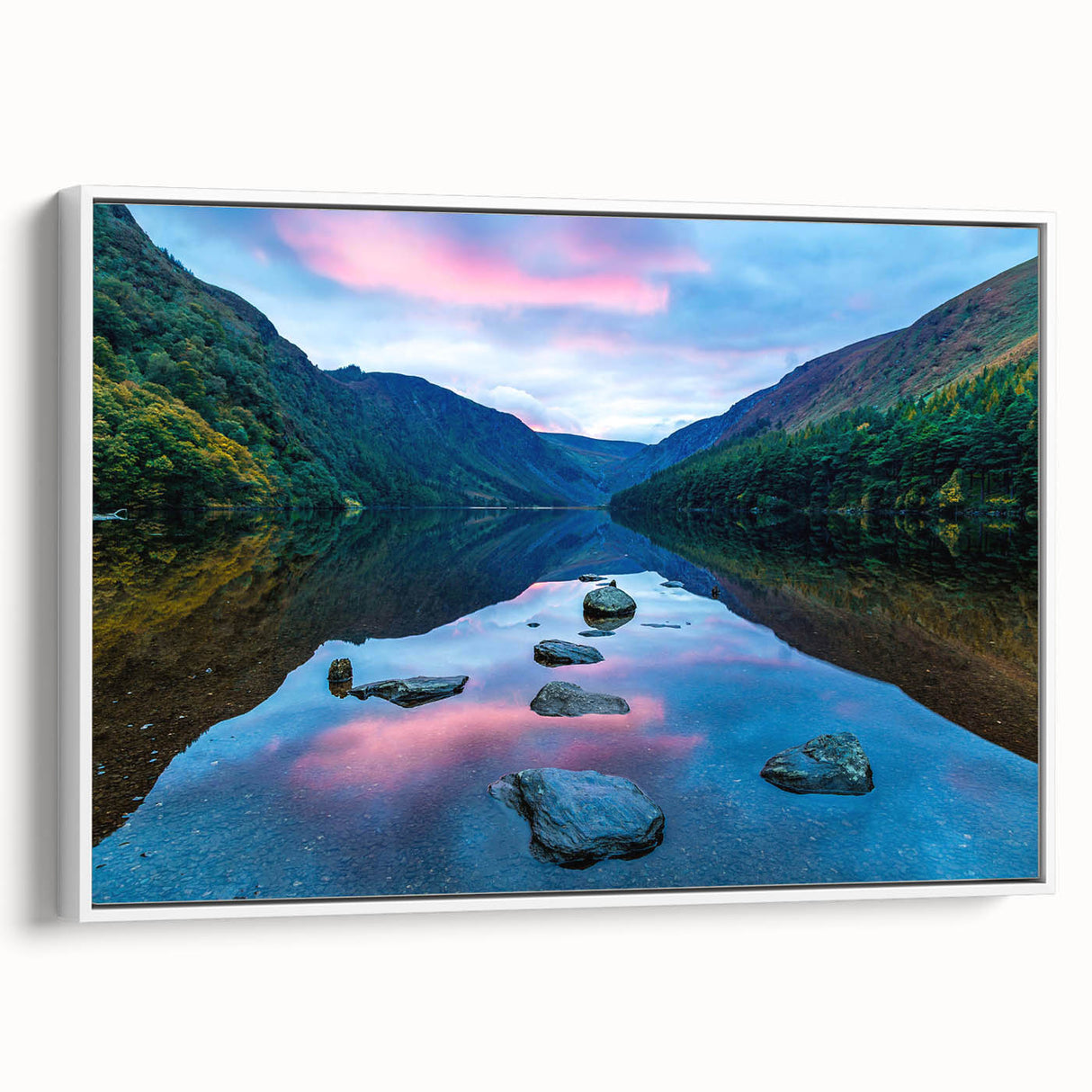 Vintage poster art of an Irish landscape, featuring vibrant green tones on a large framed canvas.