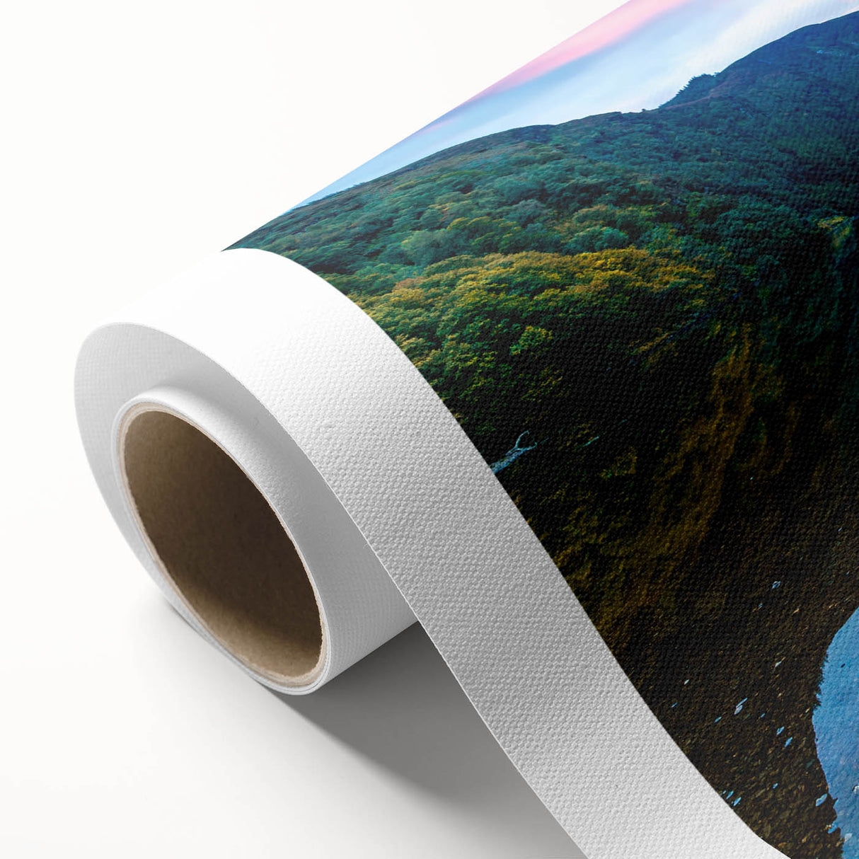 Art Deco poster of an Irish landscape in muted greens and blues on rolled canvas, ideal for nursery wall art.