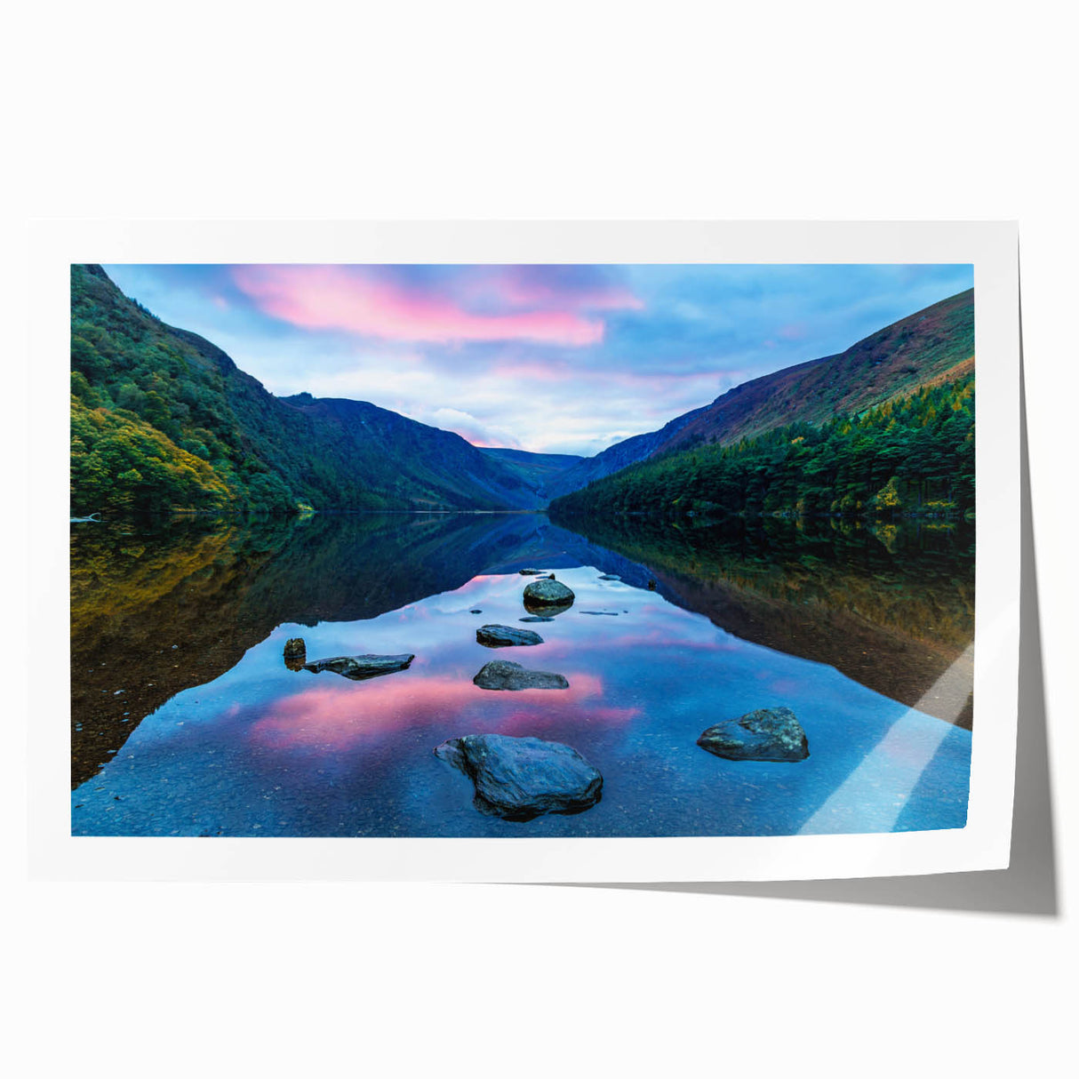 Rolled print of a European Irish landscape in soft green and blue tones, ideal for art wall dining room.