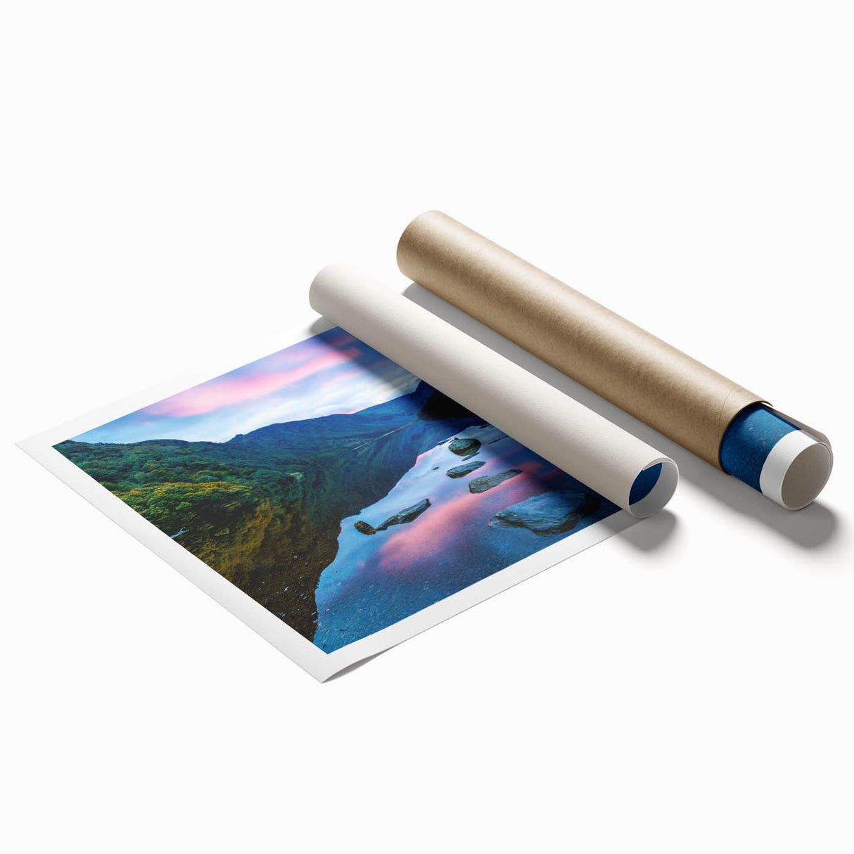 Extra large rolled print of a serene Irish landscape with soft green hues, ideal for classy bathroom wall art.