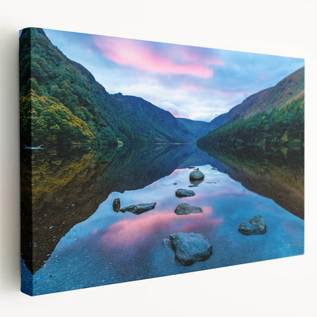 Large canvas print of an Irish landscape in muted green and blue tones, suitable for kitchen wall art.