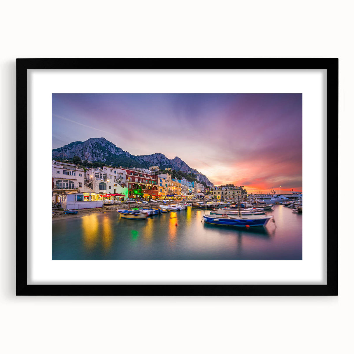 Extra large framed wall art of abstract Capri scenery in vibrant colors, perfect for living room decor.