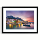 Extra large framed wall art of abstract Capri scenery in vibrant colors, perfect for living room decor.