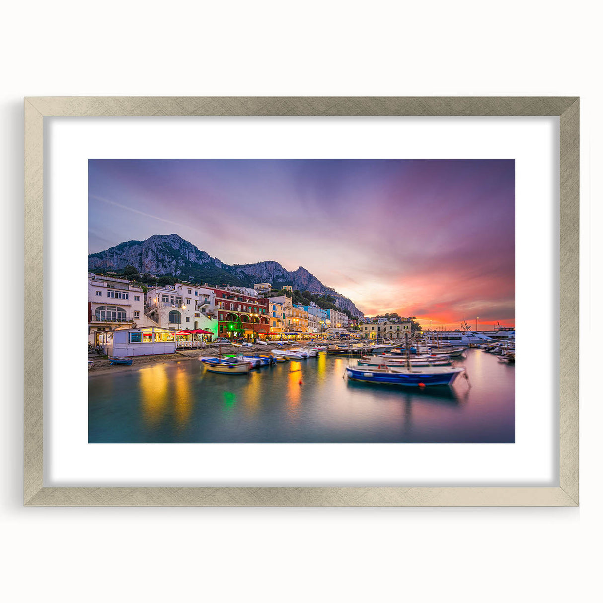 Extra large wall art featuring an abstract rendition of Capri, Italy in textured brush strokes of blue and white.