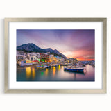 Extra large wall art featuring an abstract rendition of Capri, Italy in textured brush strokes of blue and white.