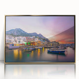 Art Deco poster of Capri, Italy in muted gold tones on framed acrylic, suitable for modern art wall decor.