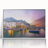 Mid-century modernist art depicting the Capri landscape in muted tones on a framed acrylic, ideal for modern art wall decor.