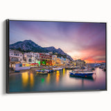 Black and white framed canvas depicting a vintage-style landscape of Capri, Italy, ideal for bedroom wall decor.