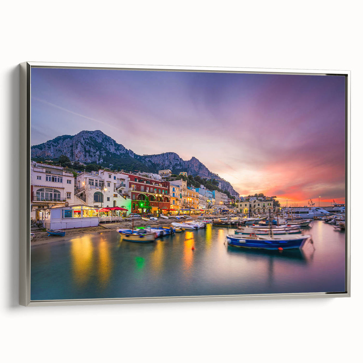 Landscape art painting of Capri, Italy, featuring vibrant colors on framed canvas, ideal for living room decor.