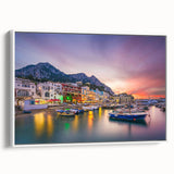 Vintage poster art of Capri, Italy in vibrant colors on a framed canvas, ideal for living room decor.