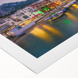 Art deco poster of Capri, Italy in vibrant blue and white tones on rolled canvas, ideal for dining room wall art.