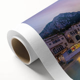 Art deco poster of Capri, Italy with muted blue and peach tones on rolled canvas, ideal for nursery wall art.