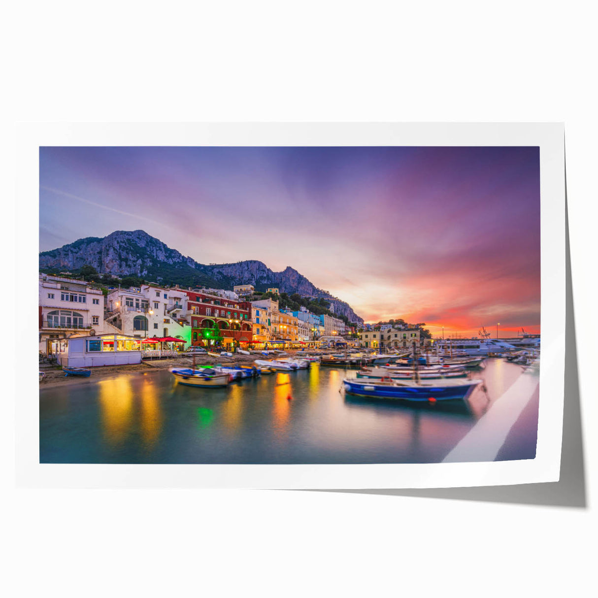 Rolled print of Capri with vivid blue sea and colorful buildings, ideal for art wall dining room.
