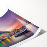 Extra large wall art featuring line art flowers and European scenery in Capri with soft blue tones on a rolled print.