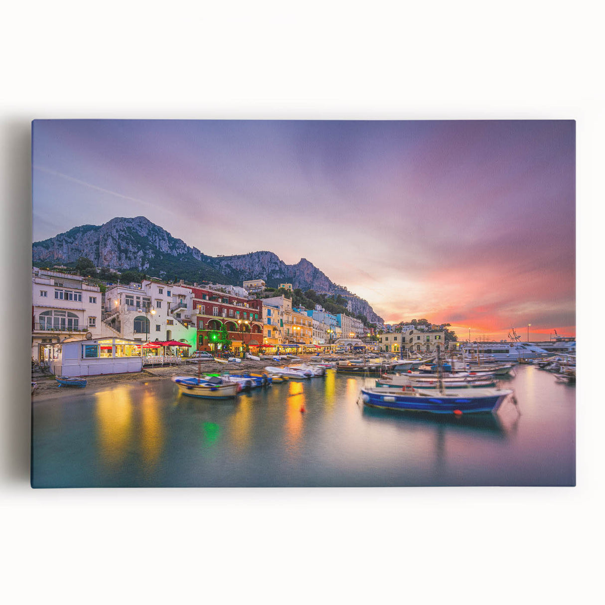 Black and white stretched canvas of Capri, Italy scenery, suitable as large kitchen wall art.