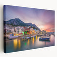 Large art print of Capri, Italy on stretched canvas, featuring vibrant blue and white tones, ideal for kitchen wall art.