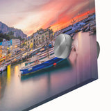 Large abstract wall art depicting the Capri landscape in muted earth tones on acrylic glass, ideal for dining room decor.