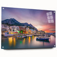 Acrylic print of Capri, Italy with vivid blue and white tones, ideal for dining room decor.