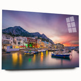 Acrylic print of Capri, Italy with vivid blue and white tones, ideal for bedroom or dining room decor.