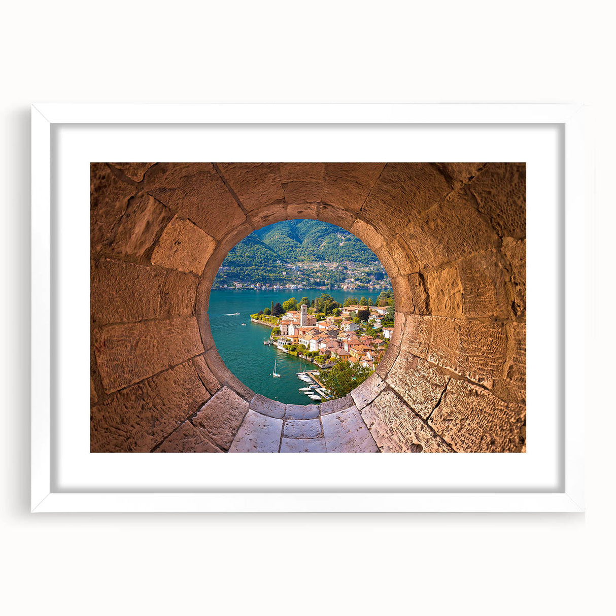 Textured art print of Lake Como with abstract design in muted blue and green hues on a framed white mat.