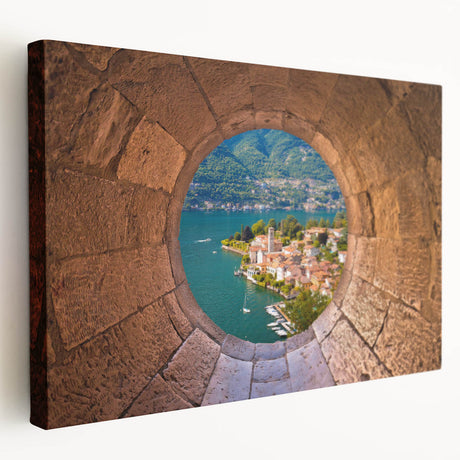 Lake Como scenery on stretched canvas, featuring serene blue and green tones, ideal for kitchen wall art.