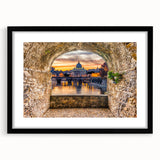 Abstract art print of colorful, textured scenery depicting Rome, framed in black, ideal for living room decor.