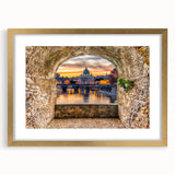Abstract art print of Rome scenery in muted gold and earth tones on a framed canvas, suitable for dining room decor.