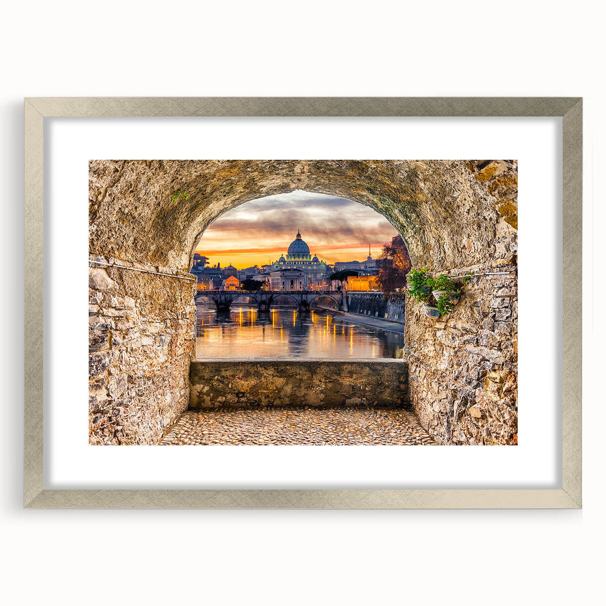 Extra large wall art featuring a textured abstract depiction of Rome in muted earth tones, framed in silver.