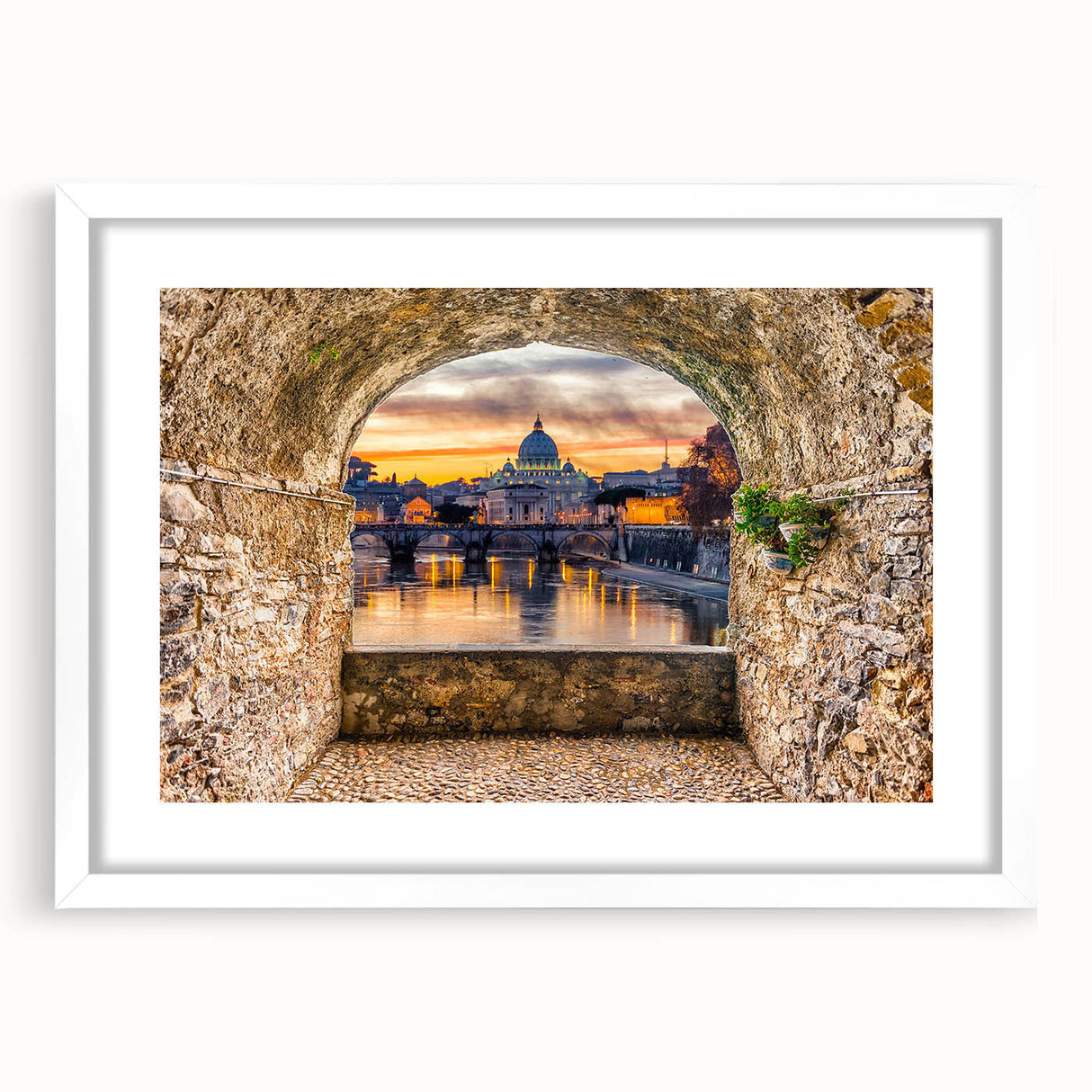 Textured abstract art print depicting a European scenery, in muted earth tones on a framed white mat, ideal for bedroom art.