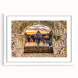 Textured abstract art print depicting a European scenery, in muted earth tones on a framed white mat, ideal for bedroom art.