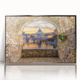 Mid-century modernist art of Rome skyline in muted earth tones on a large framed acrylic print.