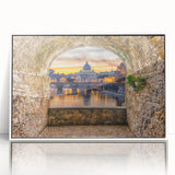 Mid-century modernist art of Rome's cityscape in muted earth tones on a framed acrylic, suitable for nursery wall art.