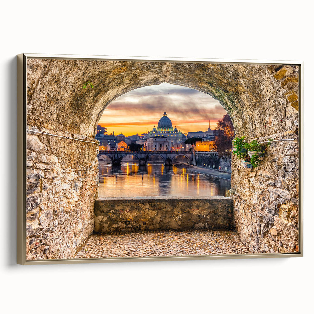 Framed canvas of a vintage-style Rome landscape in muted gold and black tones, ideal for bedroom wall art.