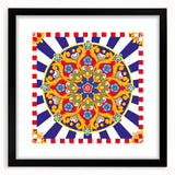 Colorful abstract art print of a Sicilian landscape in vibrant hues on a large framed canvas, ideal for living room decor.