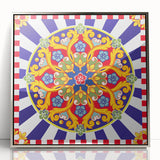 Large art print of a Sicilian landscape in acrylic, framed in silver, with muted earth tones.