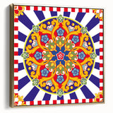 Framed canvas depicting a vintage-style Sicilian landscape in silver and gold tones, ideal for bedroom wall art.