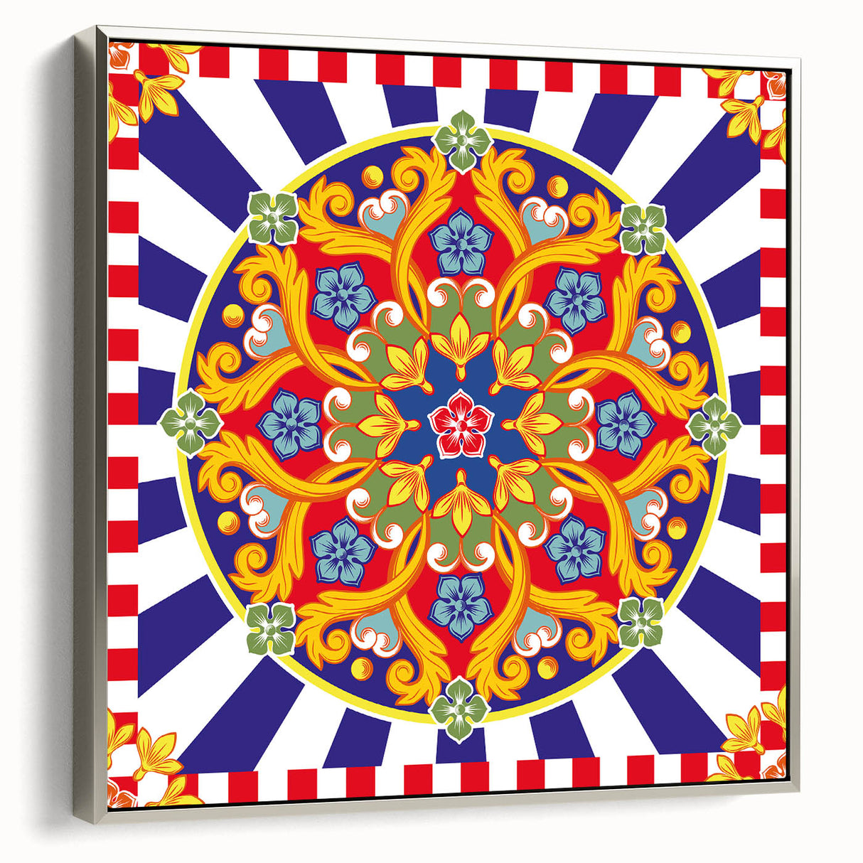 Landscape art painting of a Sicilian scenery in vibrant colors on a framed canvas, ideal for a living room or hallway.