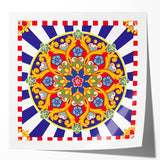 Rolled print of Sicilian landscape with lush floral elements in soft earth tones, suitable for dining room or bathroom decor.