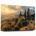 Large abstract wall art depicting the rolling hills of Tuscany, Italy in muted earth tones on acrylic glass.