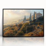 Large abstract wall art depicting a Tuscan landscape in muted earth tones on a framed acrylic panel.
