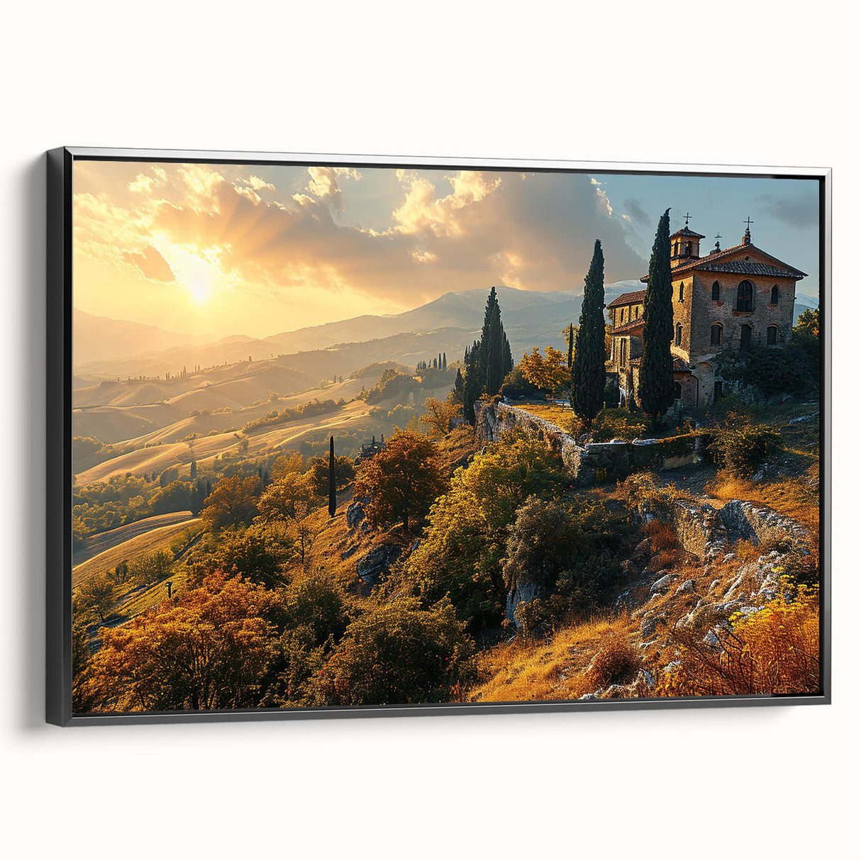 Black and white framed canvas of a Tuscany landscape, ideal for bedroom wall art in a vintage poster style.