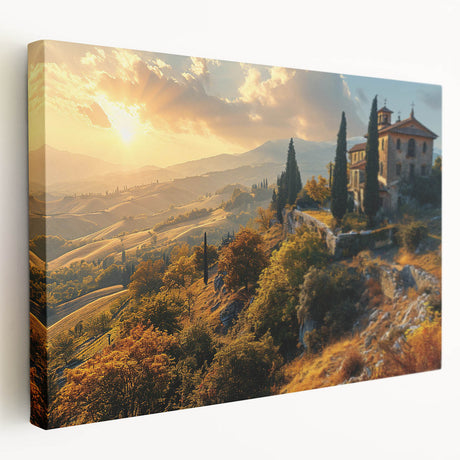 Landscape painting of Tuscany on a stretched canvas, featuring muted green and yellow tones, ideal for kitchen wall art.