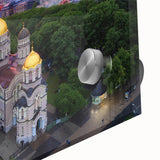 Large abstract wall art depicting a mid-century modernist European scenery in muted earth tones on acrylic glass.