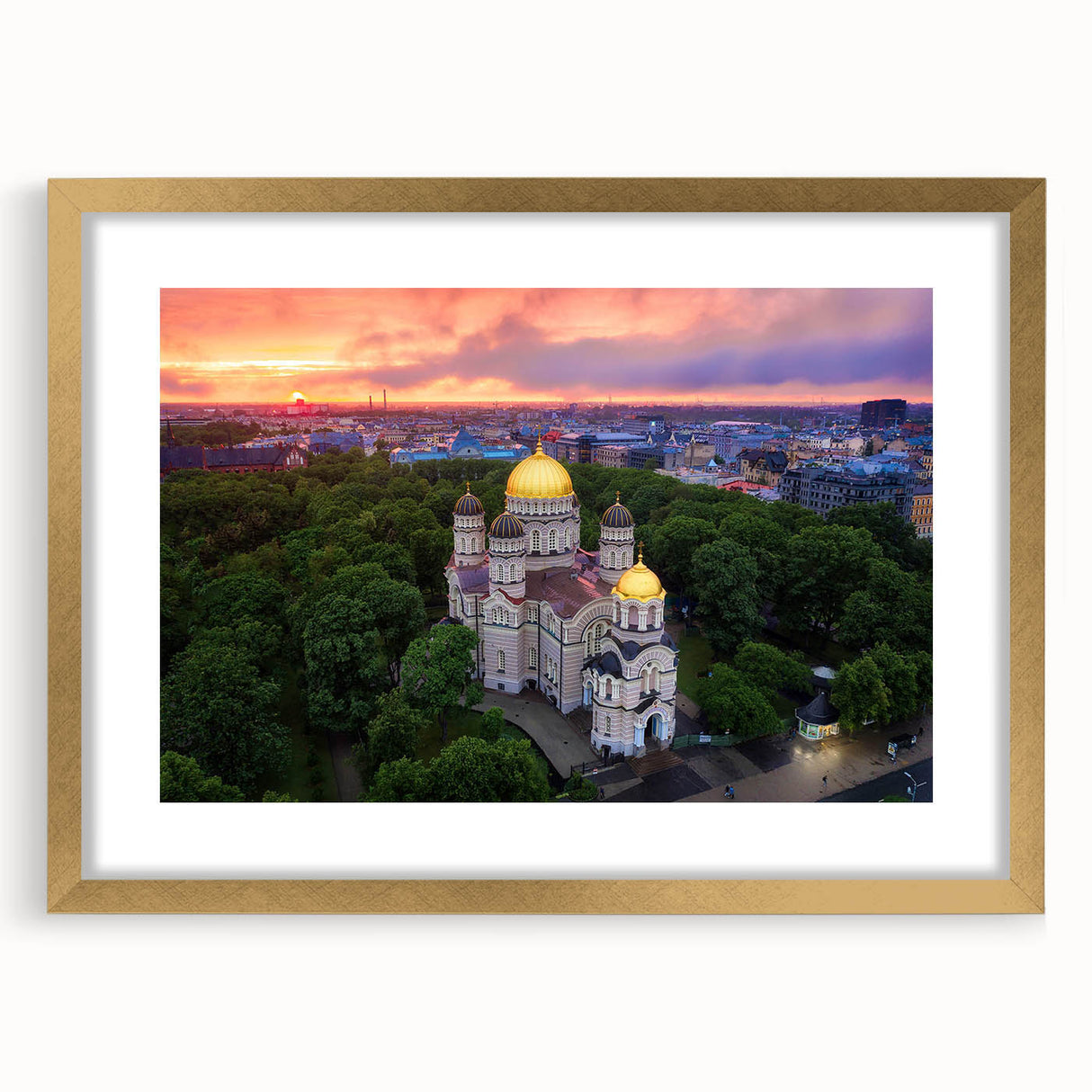 Abstract art print of a European scenery in Latvia, featuring muted earth tones on a framed gold mat.